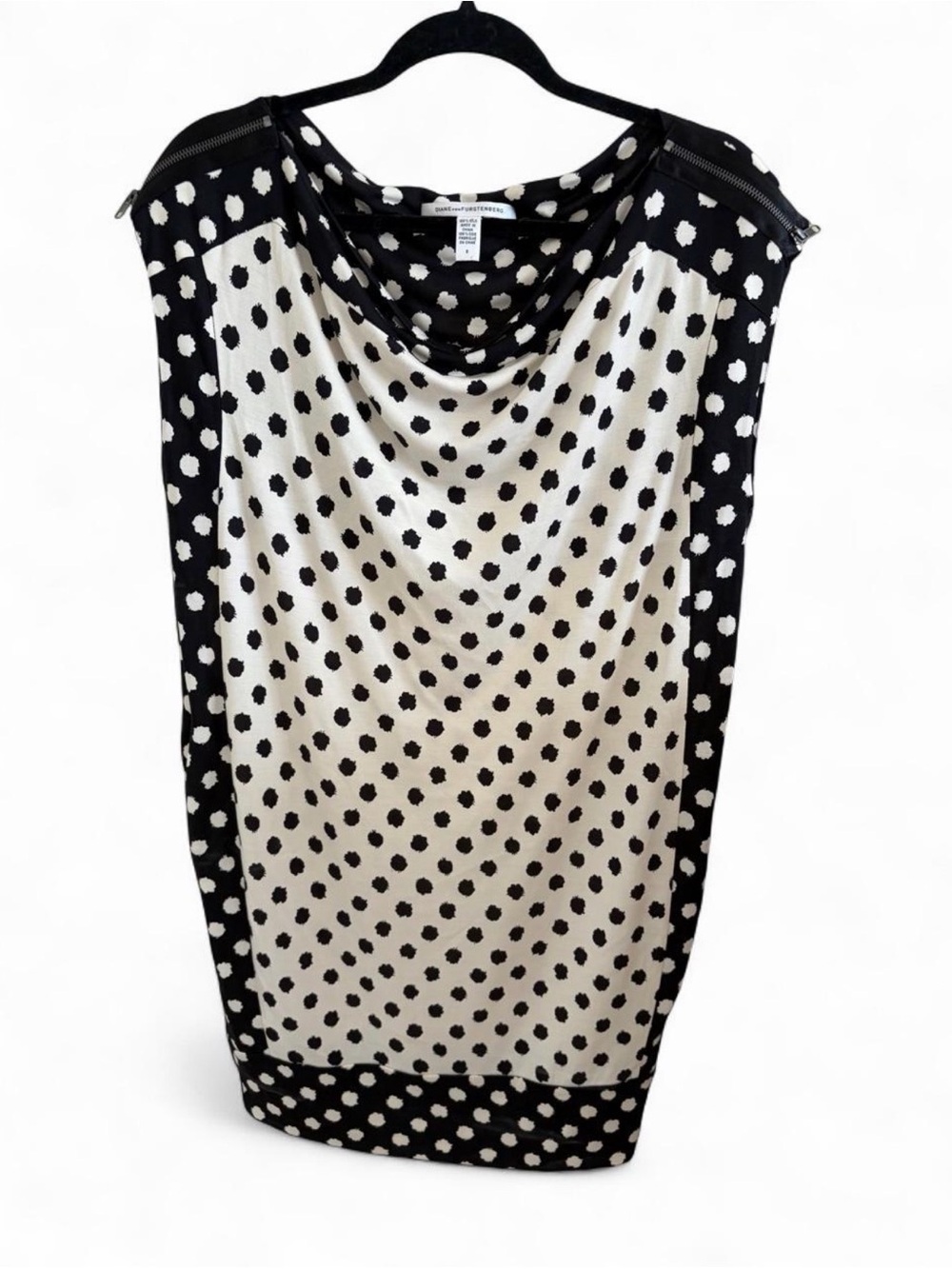 Diane Von Furstenberg Silk Black & White Polka Dot Drape Neck Dress